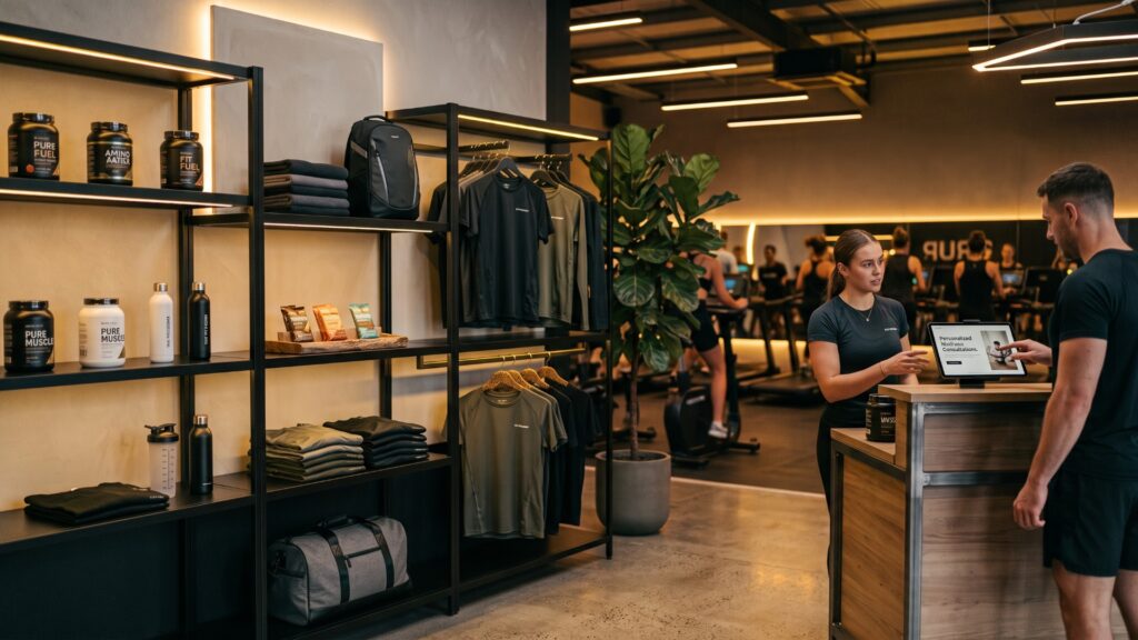 Area retail con integratori e accessori in una palestra moderna, esempio di ricavi accessori palestra