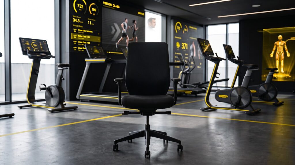 Sedia da ufficio vuota al centro di una palestra hi-tech, simbolo del turnover del personale in palestra